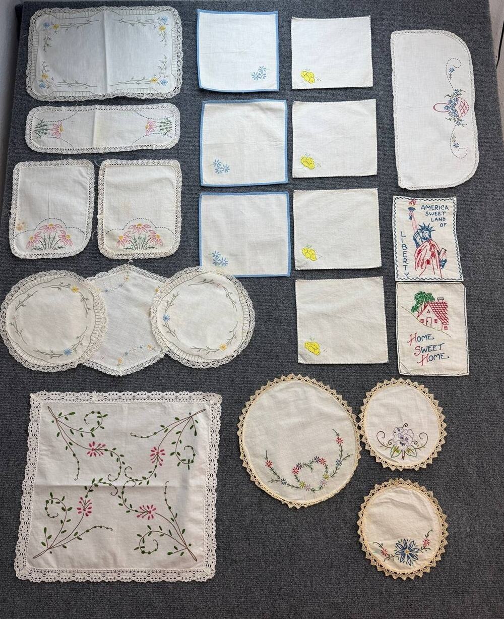 Vintage Embroidered Doily Napkin Textile Lot Floral Lace Home Sweet Home